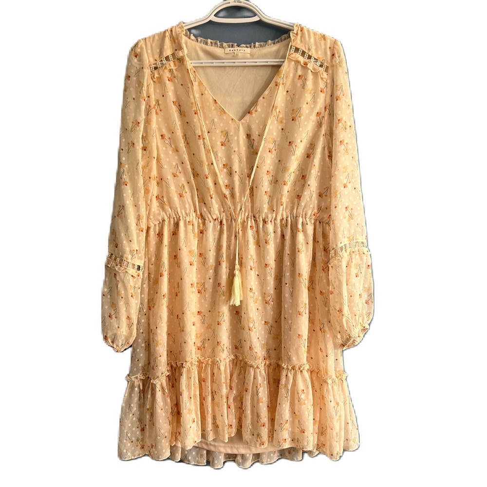 BaeVely Boutique Creamy Peach Boho Floral Ruffle‎ Swing Dress